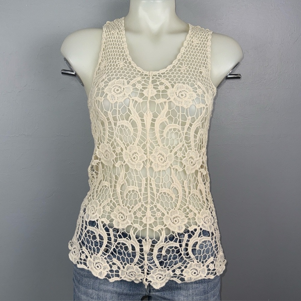 Ruby Sleeveless Floral Crotchet Tank Top Women’s Small Cotton Beige Cottage Core